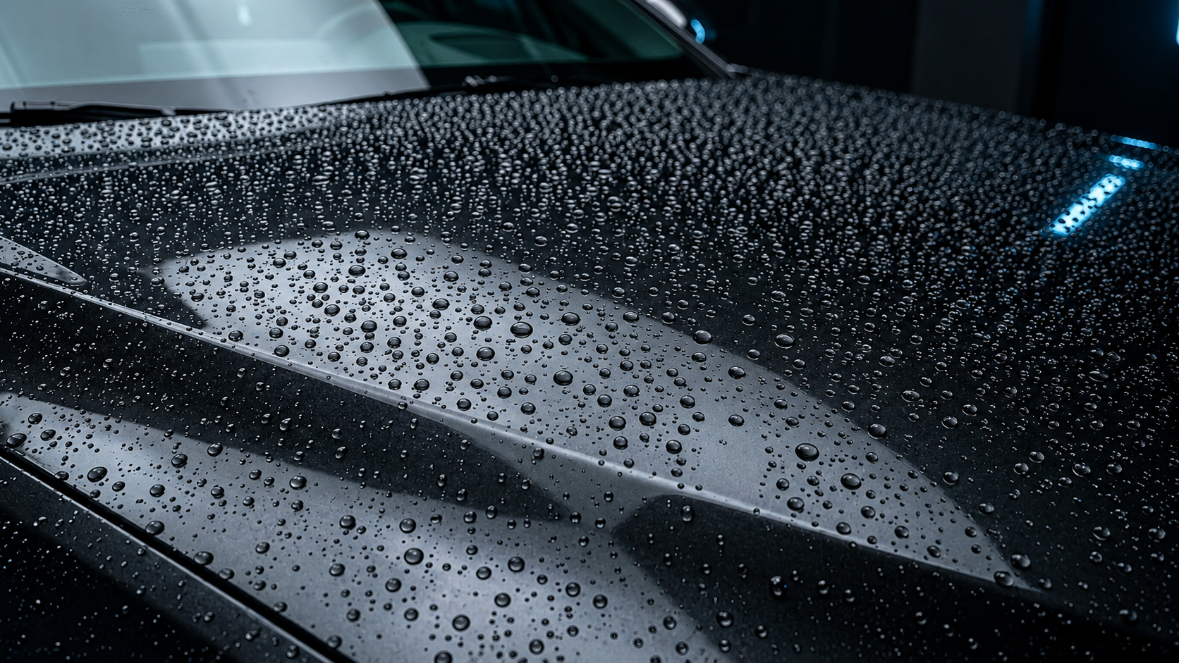 Water beading across a dark protected vehicle surface
