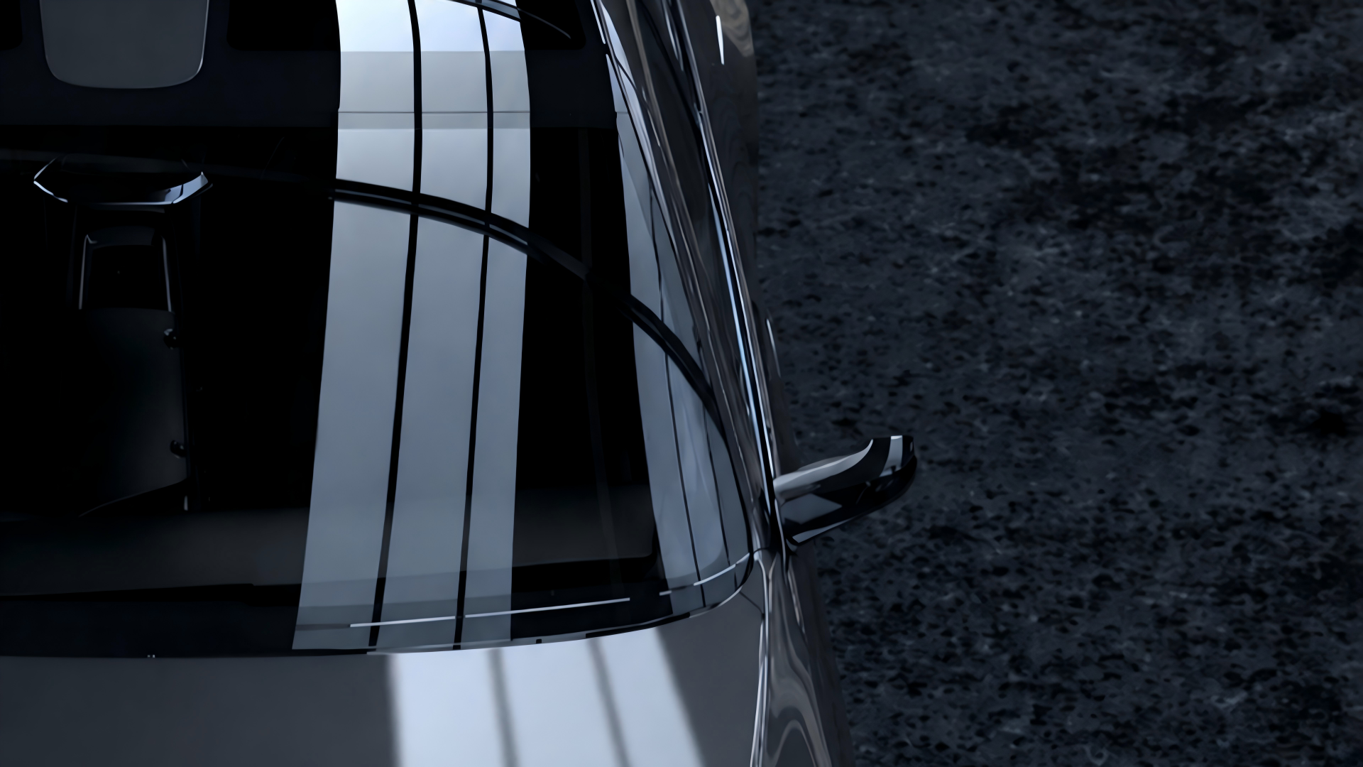 Windshield seen from above in a dark studio environment