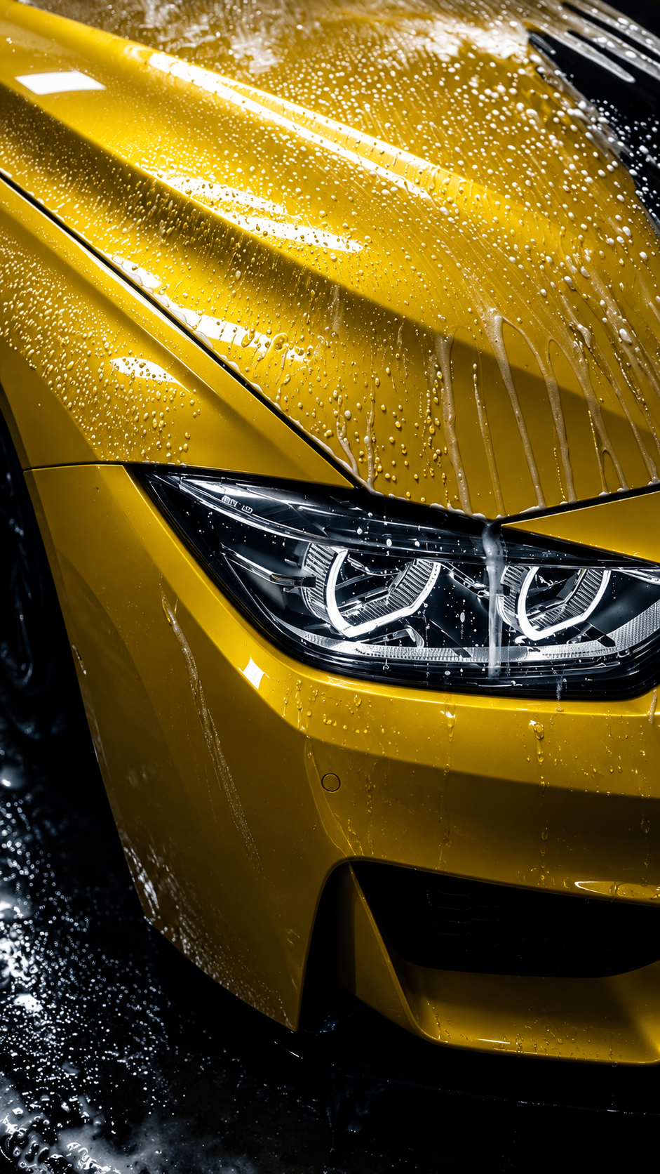 Water beading on the hood and headlight of a yellow sports car
