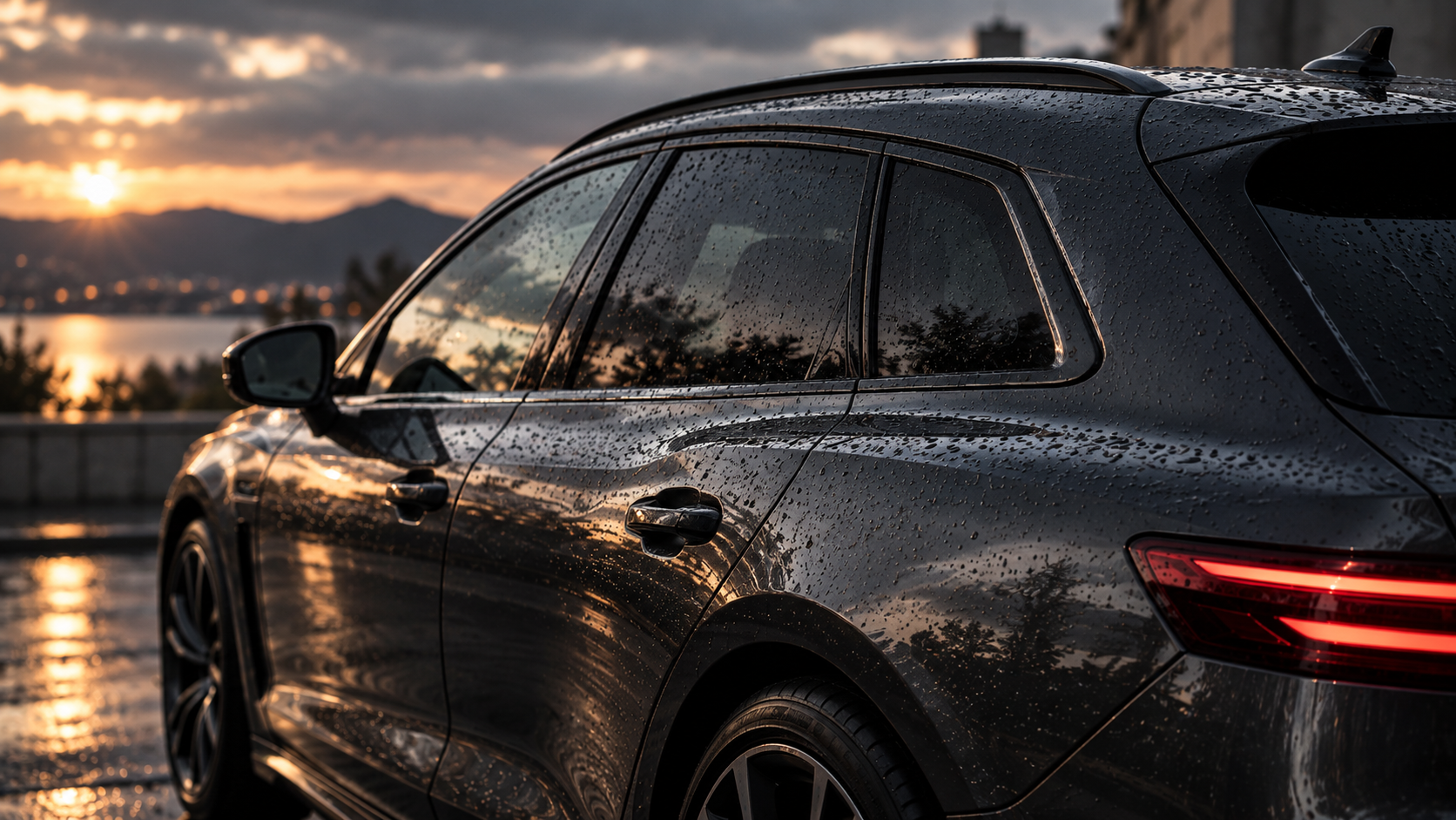 Rain-covered dark wagon with tinted side windows reflecting a warm sunset