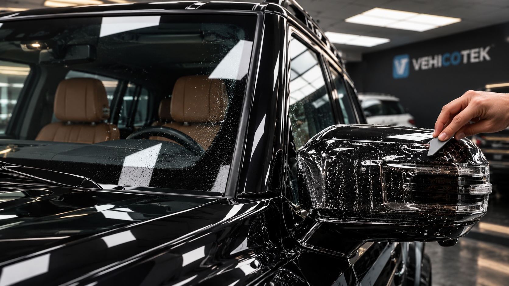 A professional installer applying protective film to a black SUV mirror in a VEHICOTEK studio